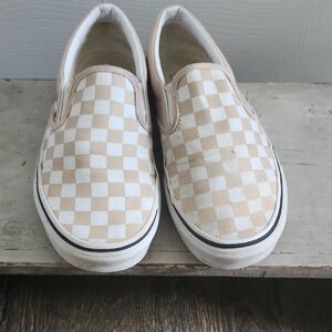 Vans Tan and White Checkered Slip-Ons